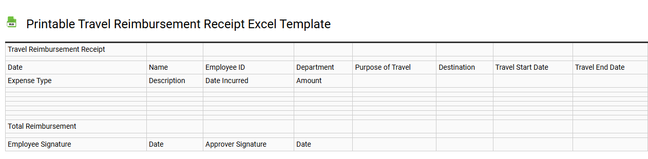 Printable travel reimbursement receipt Excel template