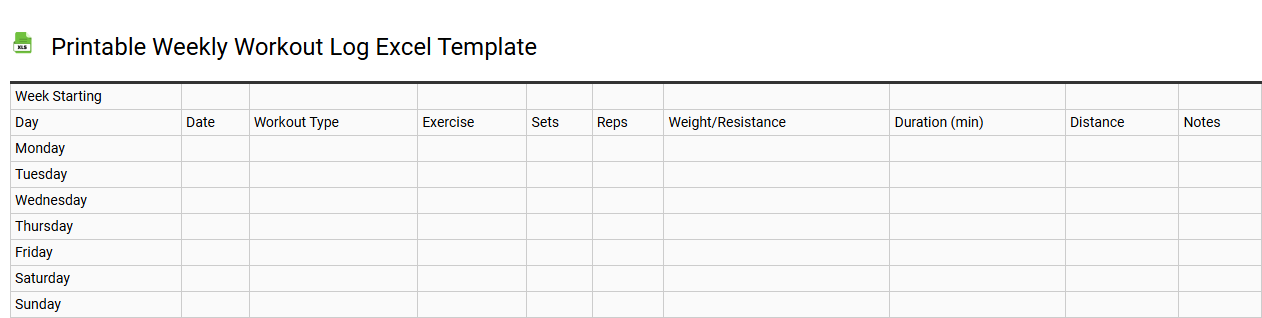 Printable weekly workout log Excel template