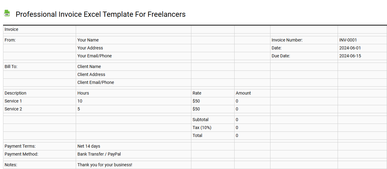 Professional invoice Excel template for freelancers