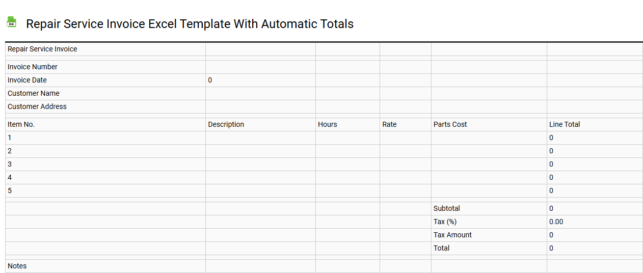 Repair service invoice Excel template with automatic totals