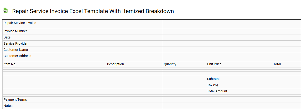 Repair service invoice Excel template with itemized breakdown