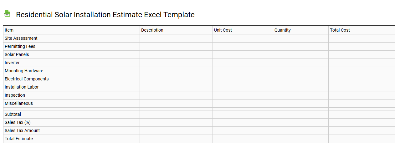 Residential solar installation estimate Excel template