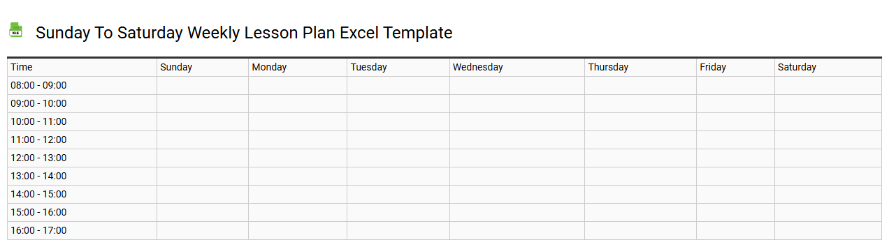 Sunday to Saturday weekly lesson plan Excel template