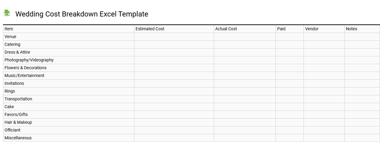 Wedding cost breakdown Excel template