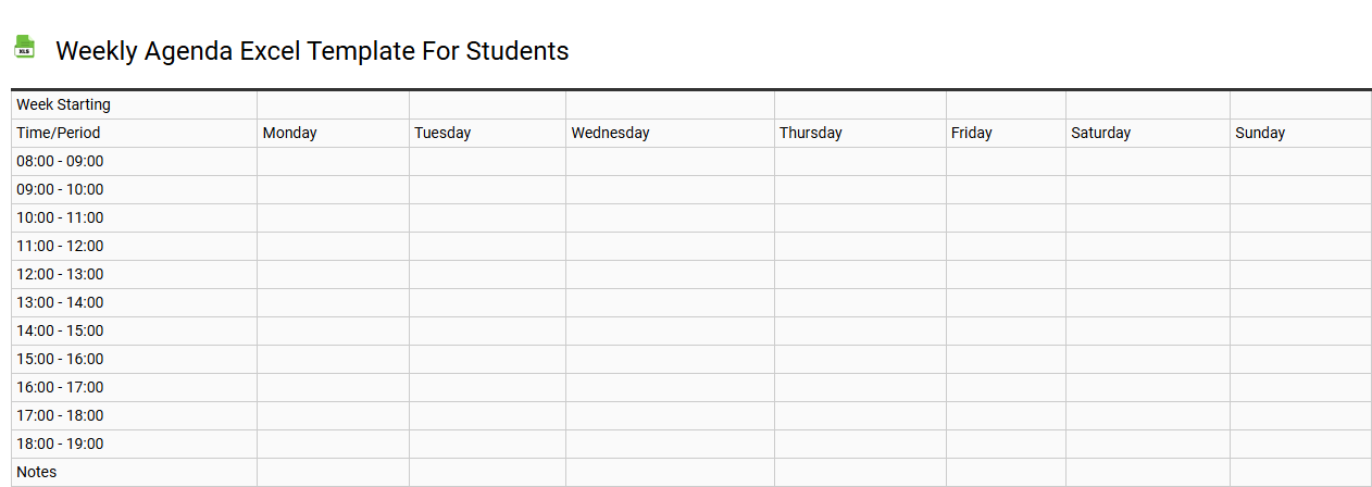 Weekly agenda Excel template for students