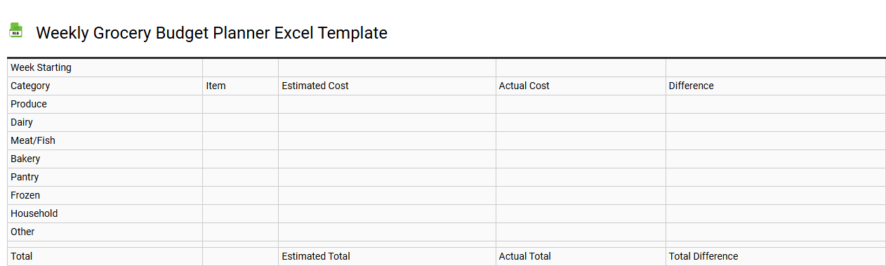 Weekly grocery budget planner Excel template
