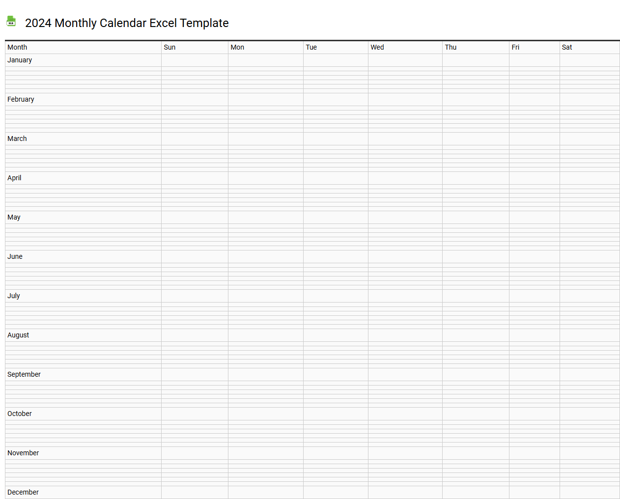 2024 monthly calendar Excel template