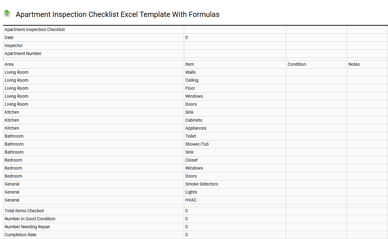 Apartment inspection checklist Excel template with formulas