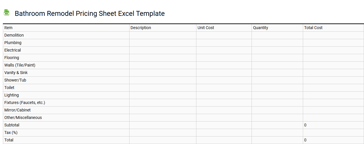 Bathroom remodel pricing sheet Excel template