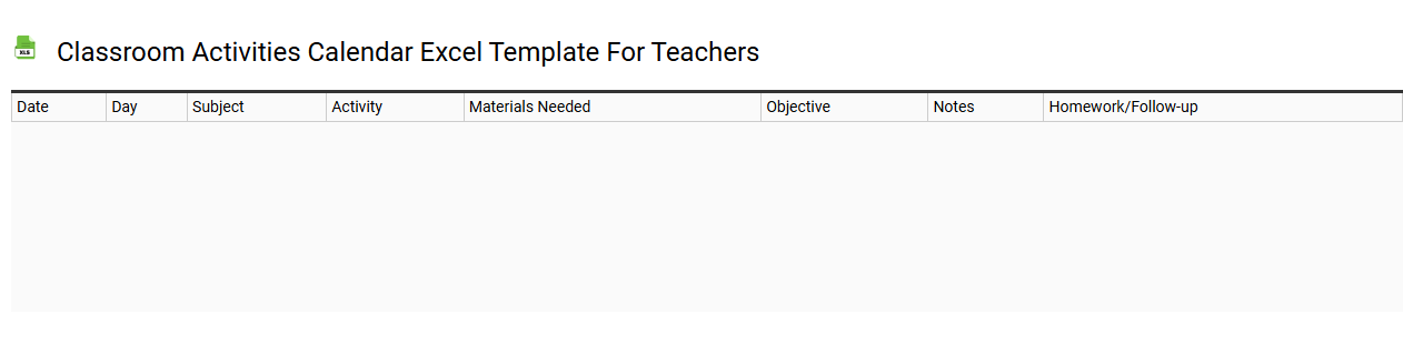 Classroom activities calendar Excel template for teachers