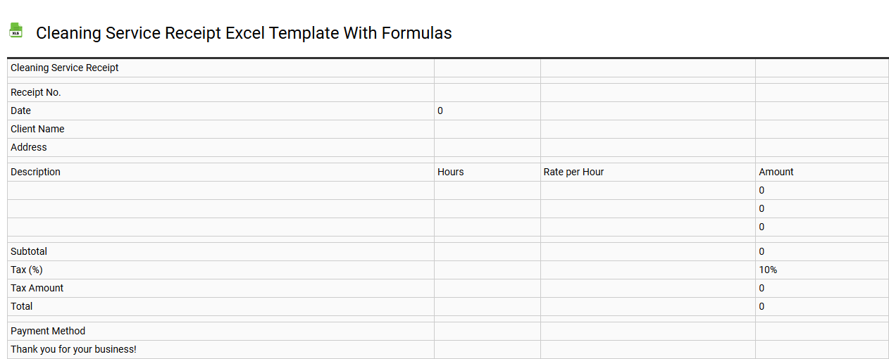 Cleaning service receipt Excel template with formulas