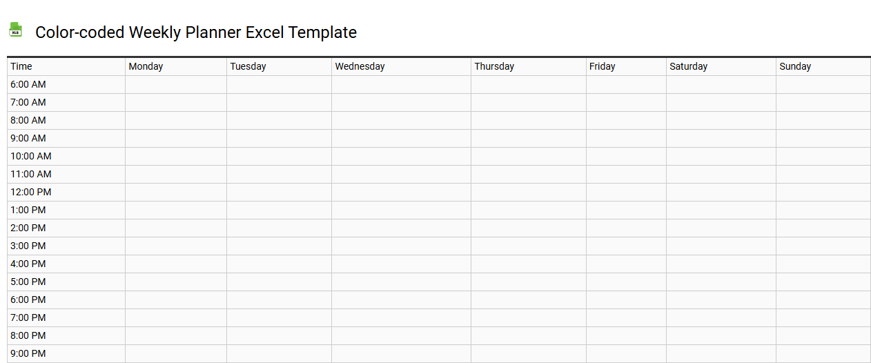 Color-coded weekly planner Excel template