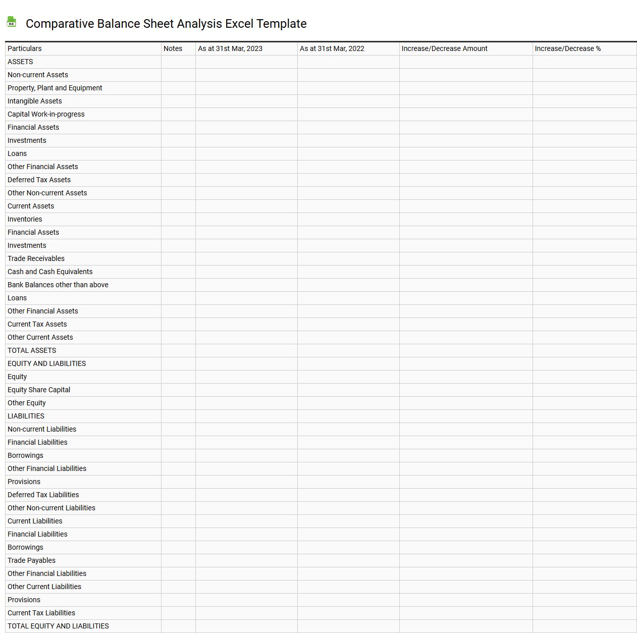 Comparative balance sheet analysis Excel template