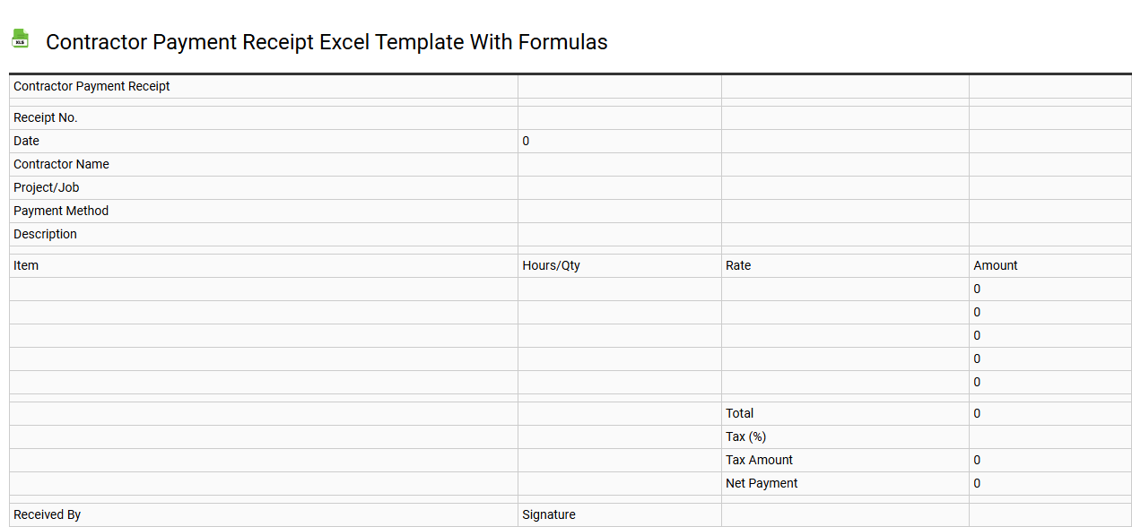 Contractor payment receipt Excel template with formulas