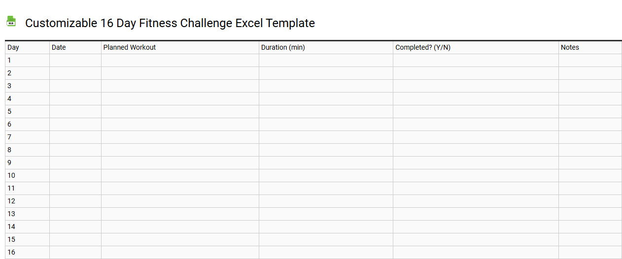 Customizable 16 day fitness challenge Excel template