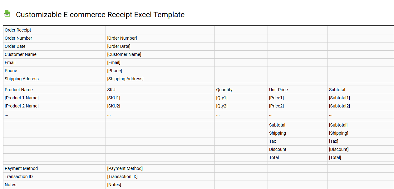 Customizable E-commerce receipt Excel template