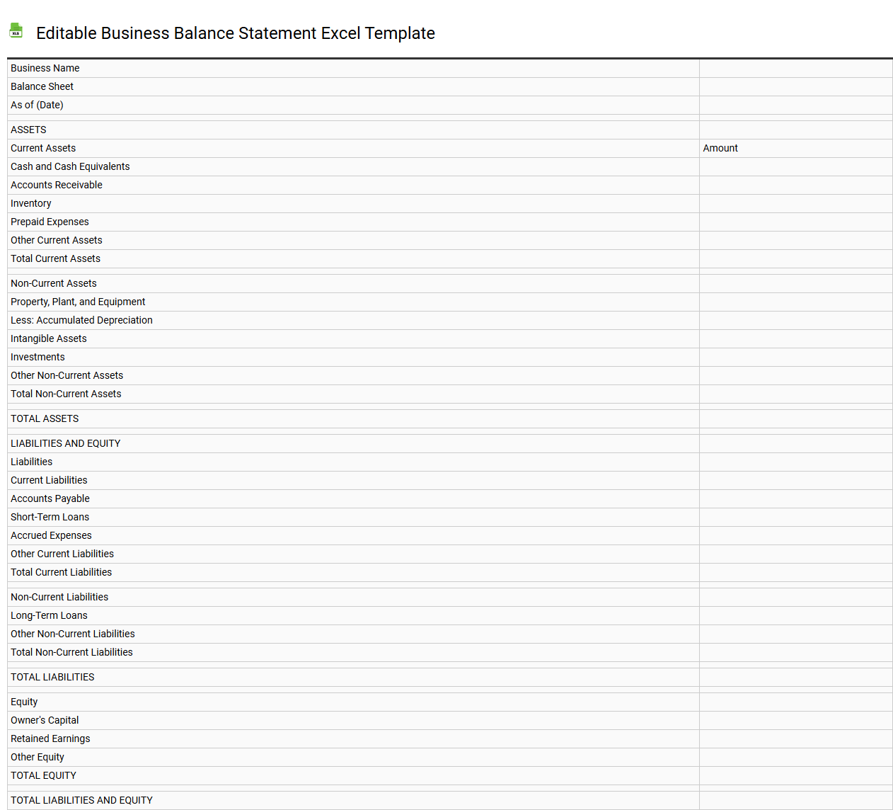 Editable business balance statement Excel template