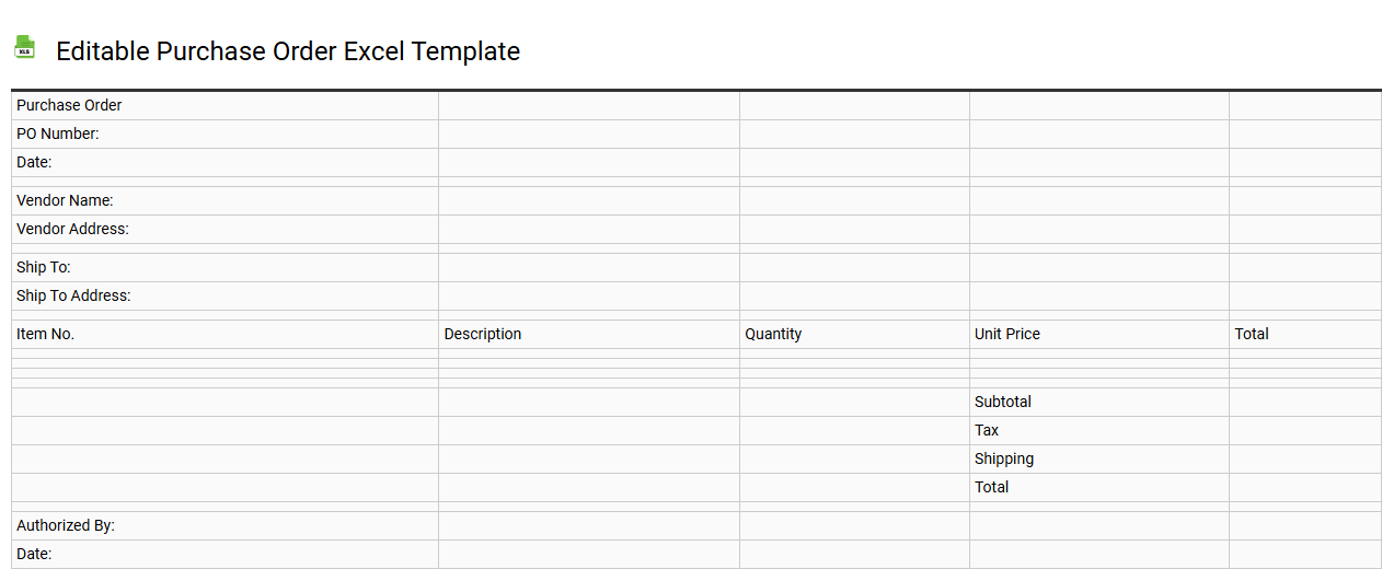 Editable purchase order Excel template