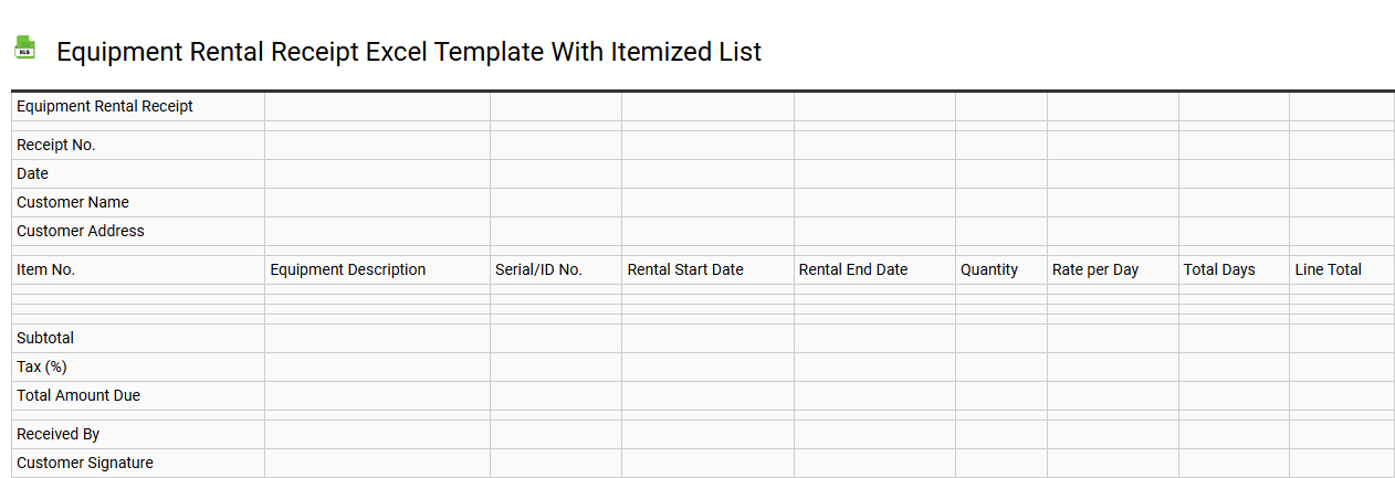 Equipment rental receipt Excel template with itemized list