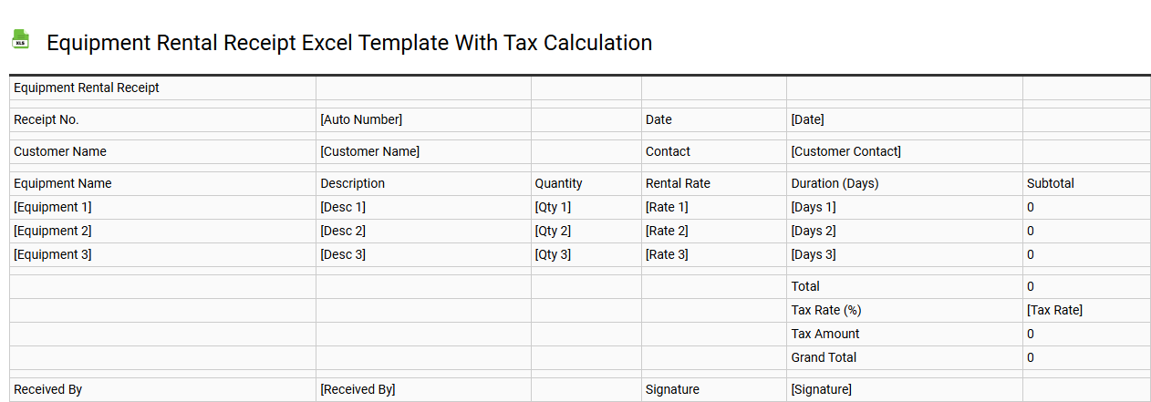 Equipment rental receipt Excel template with tax calculation