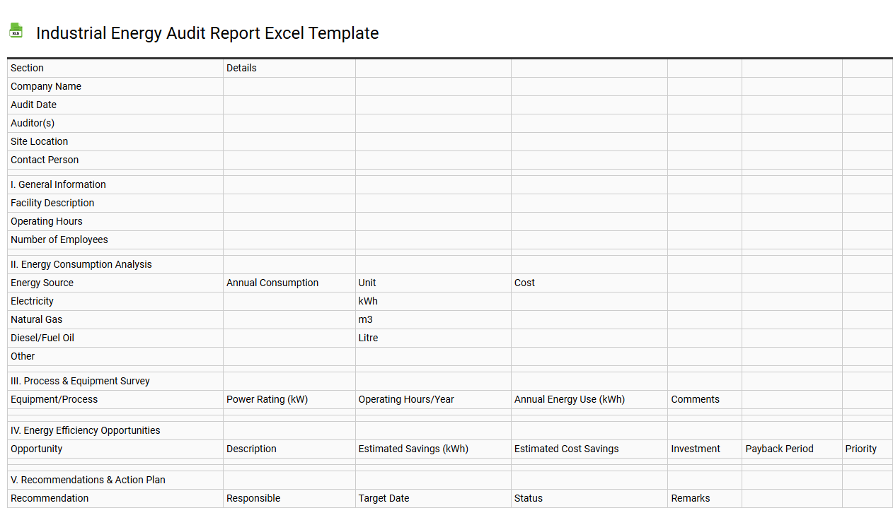 Industrial energy audit report Excel template