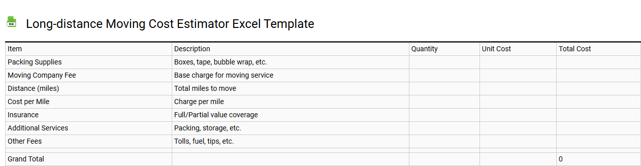 Long-distance moving cost estimator Excel template