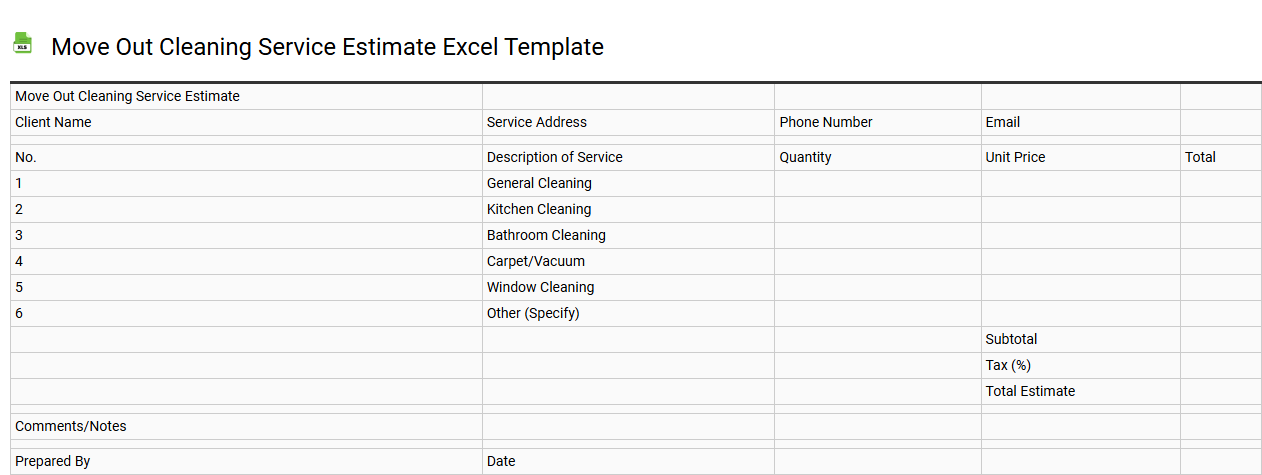 Move out cleaning service estimate Excel template