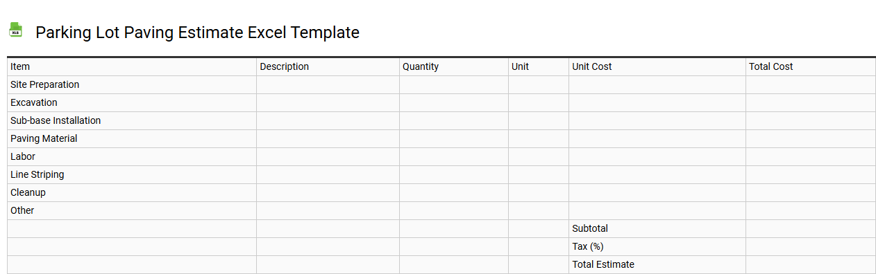 Parking lot paving estimate Excel template