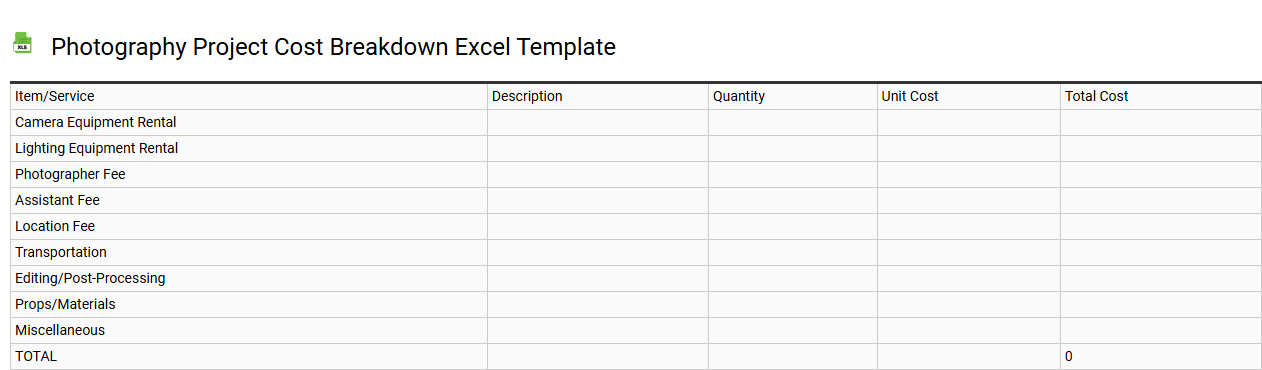 Photography project cost breakdown Excel template