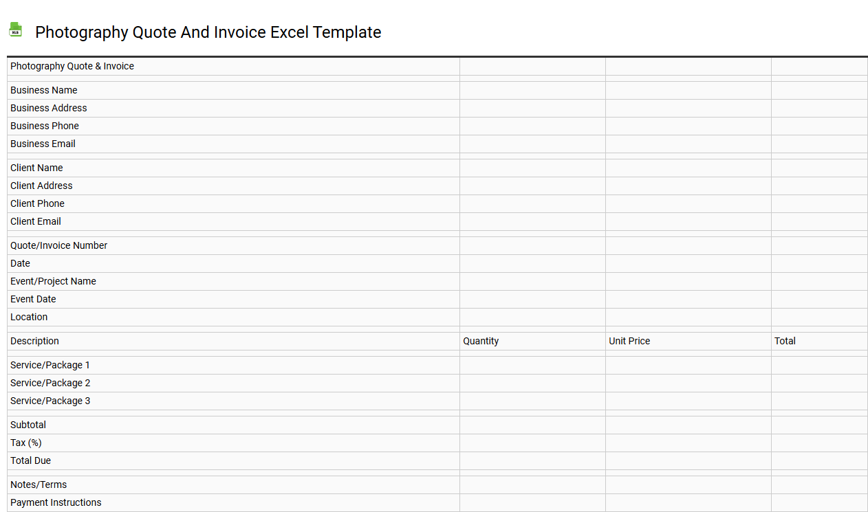 Photography quote and invoice Excel template