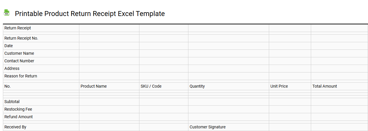 Printable product return receipt Excel template