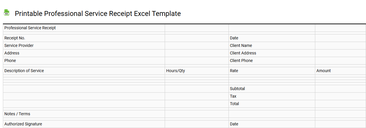 Printable professional service receipt Excel template
