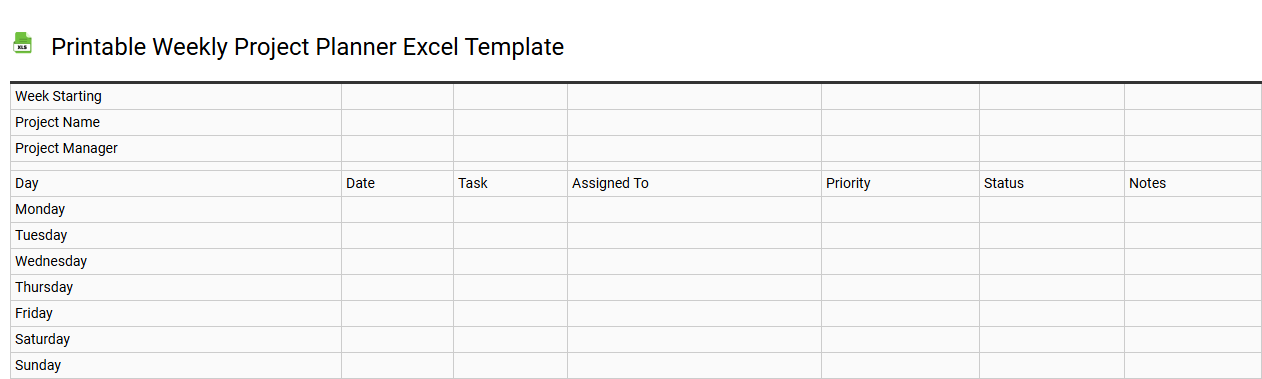 Printable weekly project planner Excel template