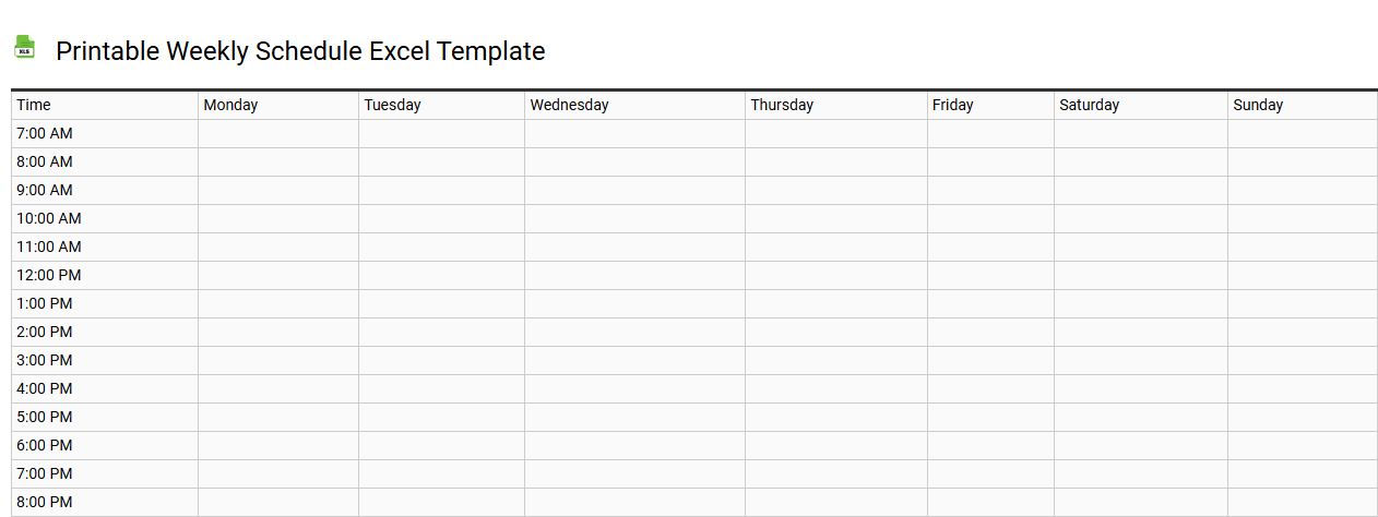 Printable weekly schedule Excel template