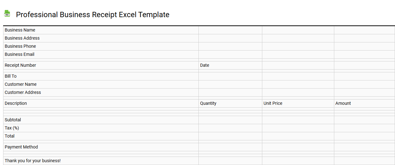 Professional business receipt Excel template