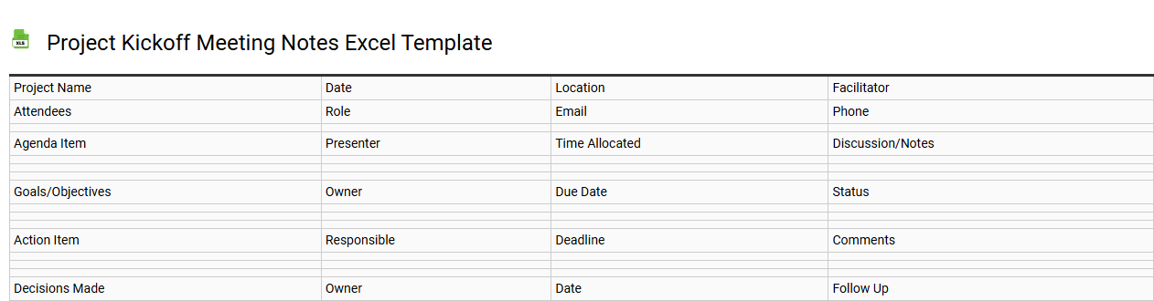 Project kickoff meeting notes Excel template