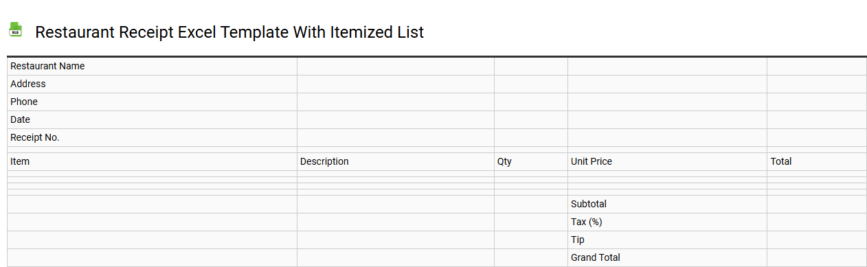 Restaurant receipt Excel template with itemized list