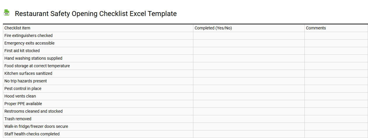 Restaurant safety opening checklist Excel template