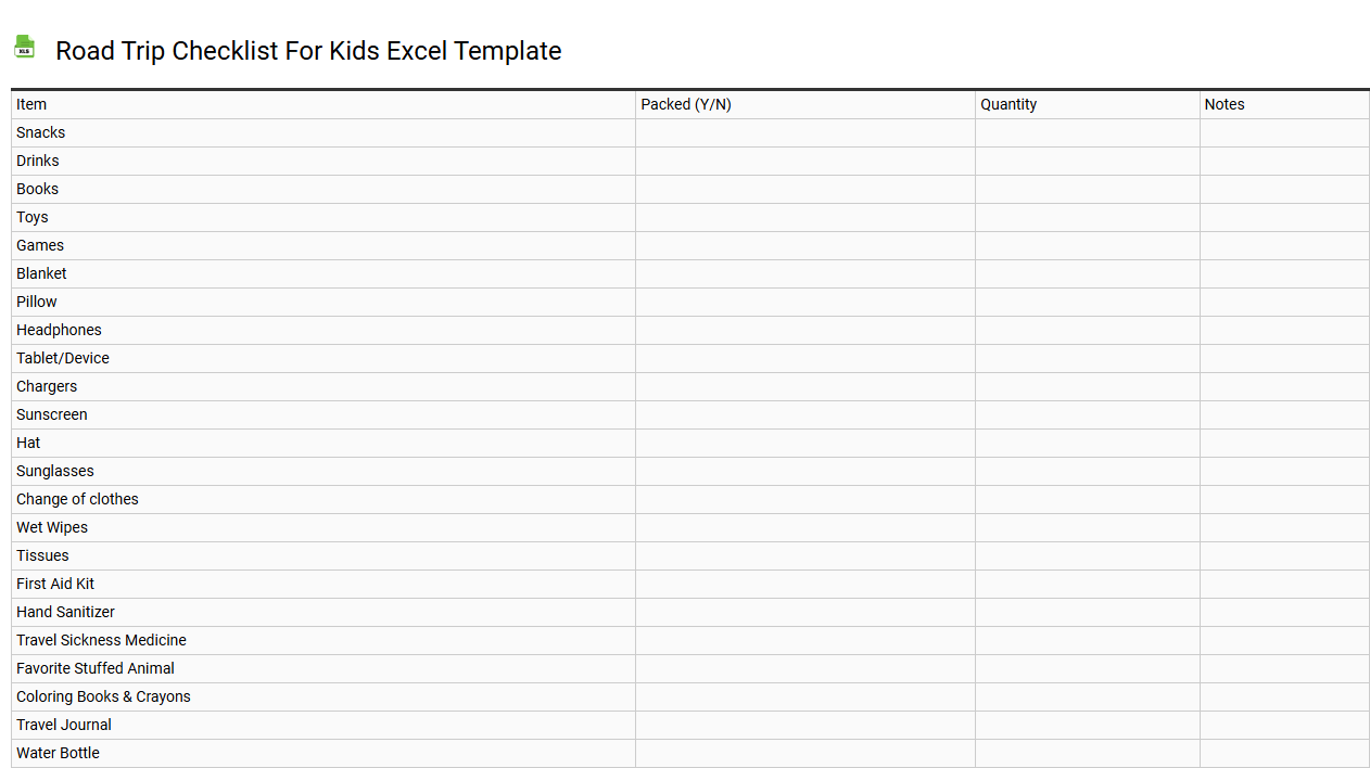 Road trip checklist for kids Excel template