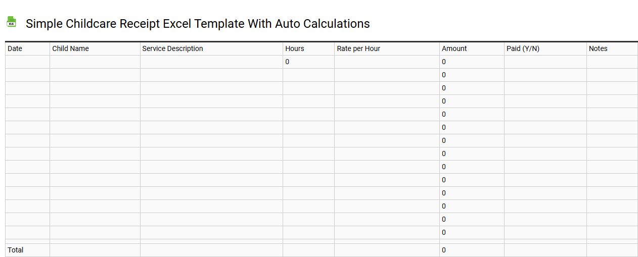 Simple childcare receipt Excel template with auto calculations