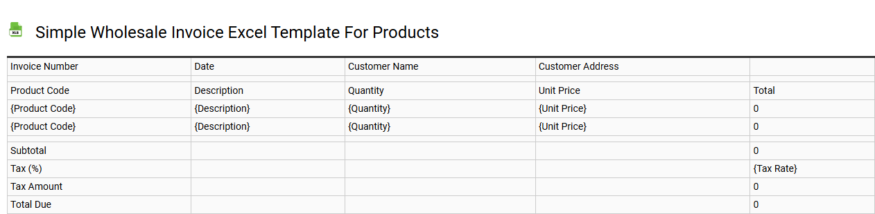 Simple wholesale invoice Excel template for products