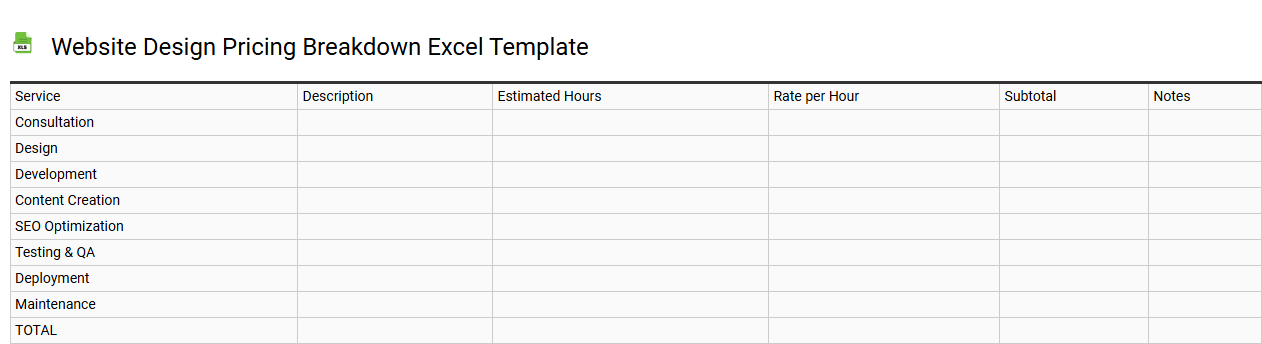 Website design pricing breakdown Excel template