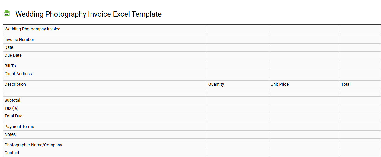 Wedding photography invoice Excel template