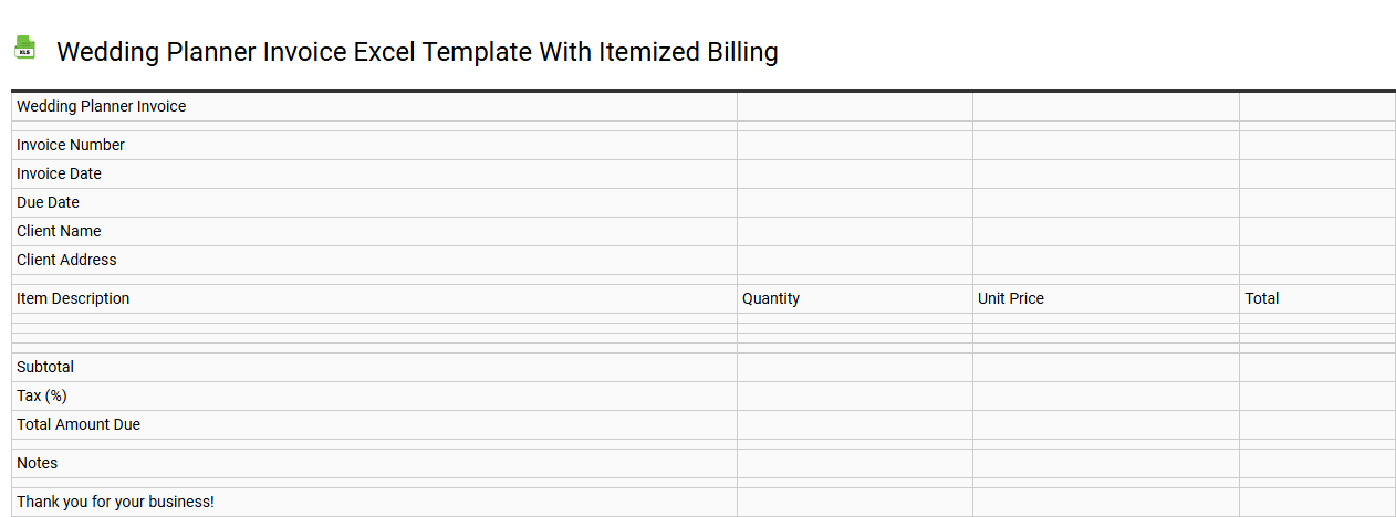 Wedding planner invoice Excel template with itemized billing
