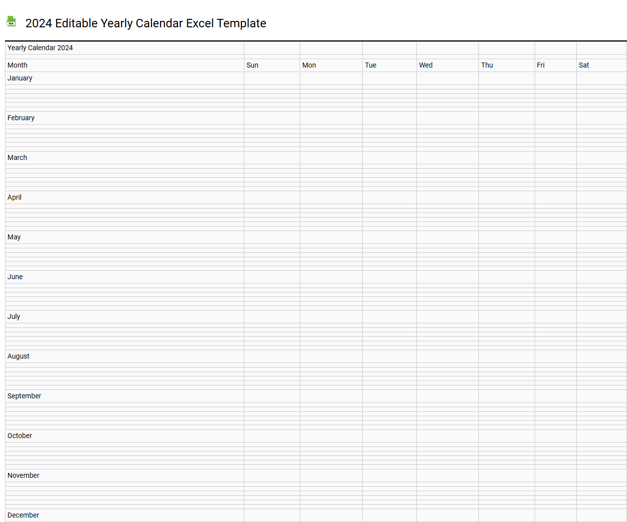2024 editable yearly calendar Excel template