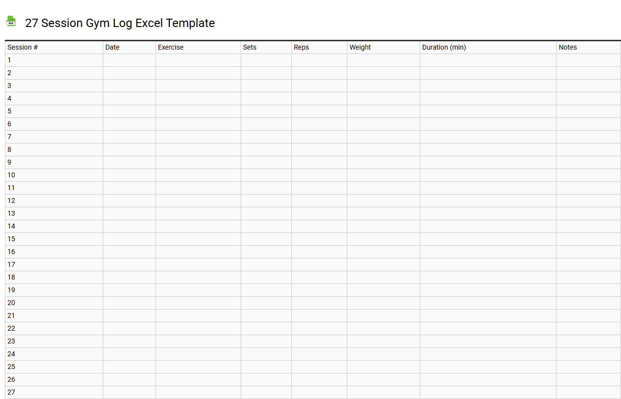 27 session gym log Excel template