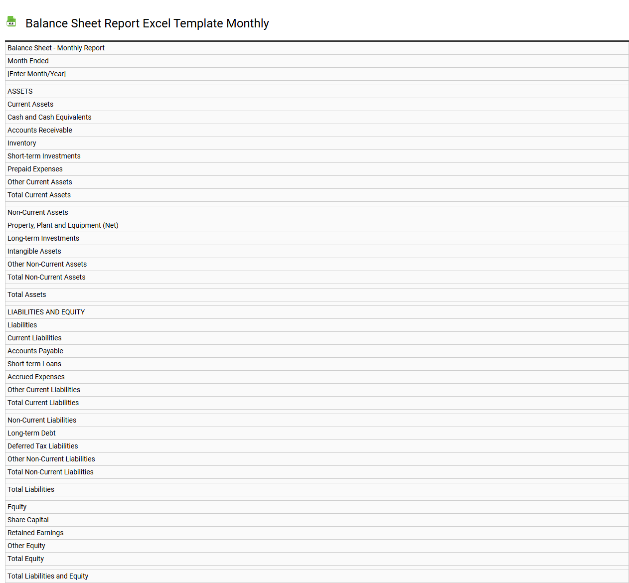 Balance sheet report Excel template monthly