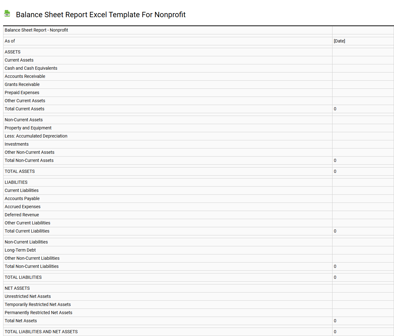 Balance sheet report Excel template for nonprofit