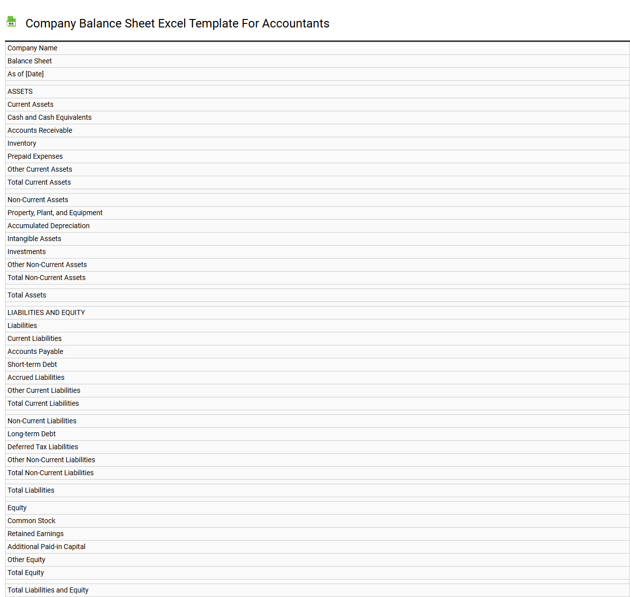 Company balance sheet Excel template for accountants