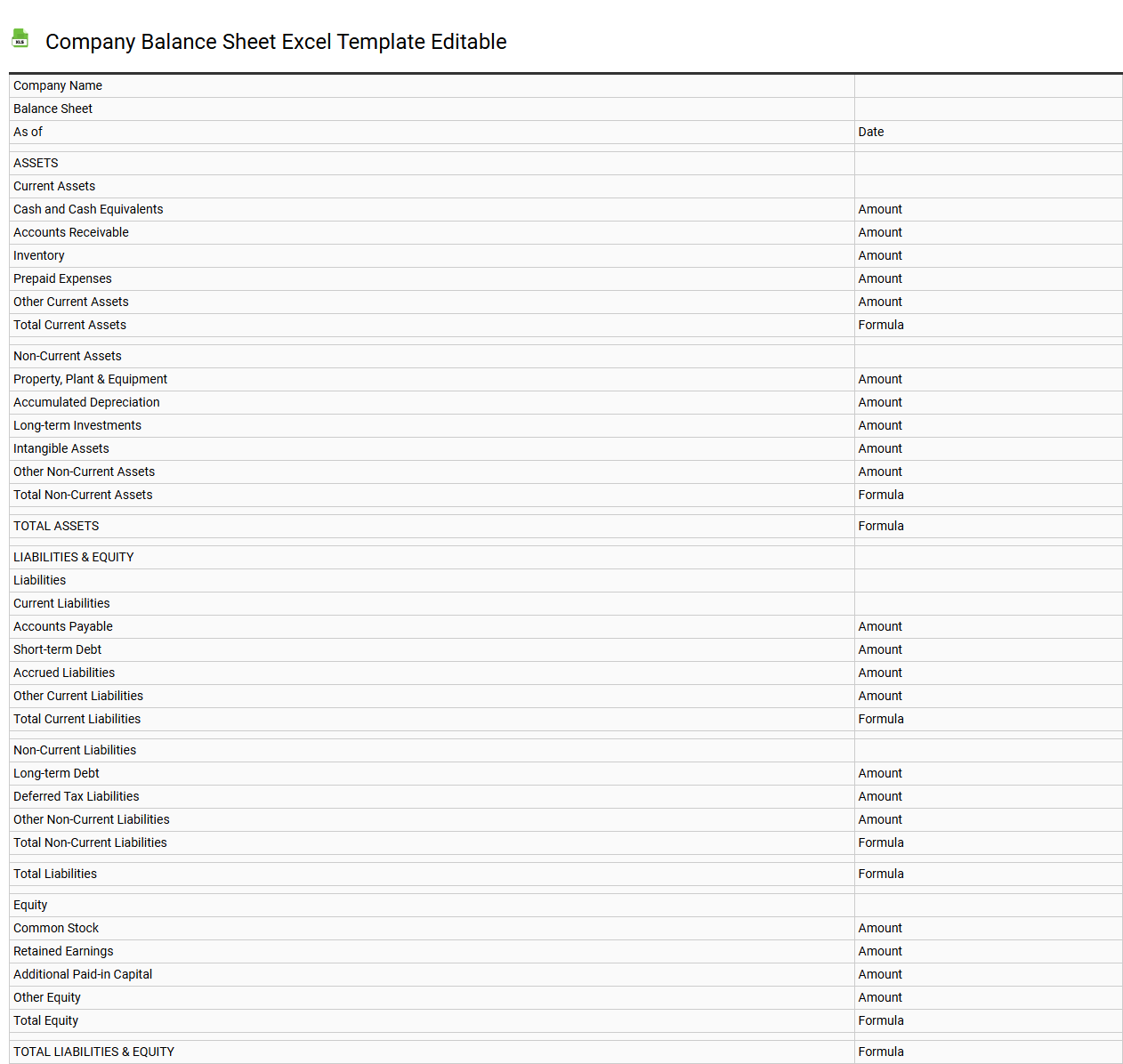 Company balance sheet Excel template editable